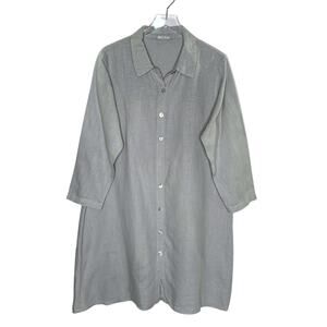 Becasa L Margo Midi Button Front Shirt Dress Gray Linen Lagenlook Coastal *flaw